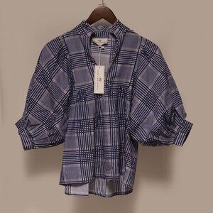 Never A Wallflower Women's Peasant Top Blue Plaid